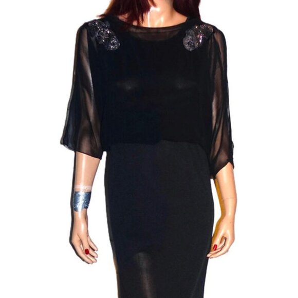 Women Vintage Black Sheer Applique Midi Dress L